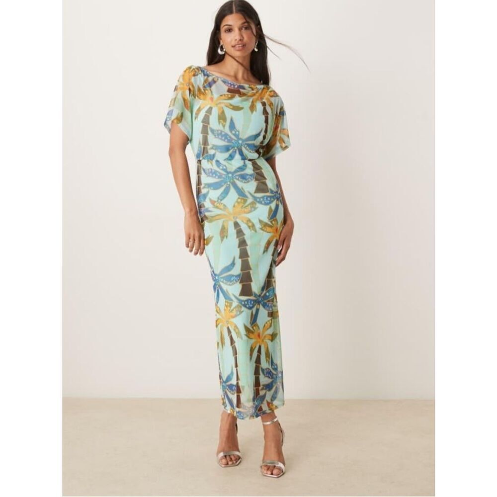 Never Fully Dressed Tilly off asymmetric mesh maxi dress in blue palm print New